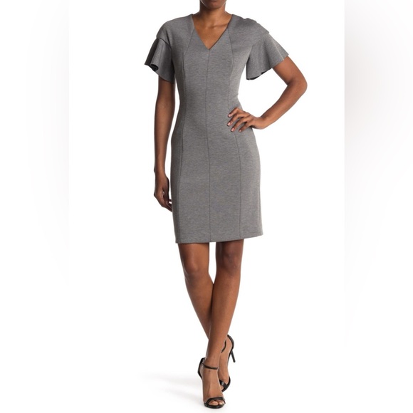 Elie Tahari gray, structured sheath dress with flutter sleeves - Picture 1 of 7